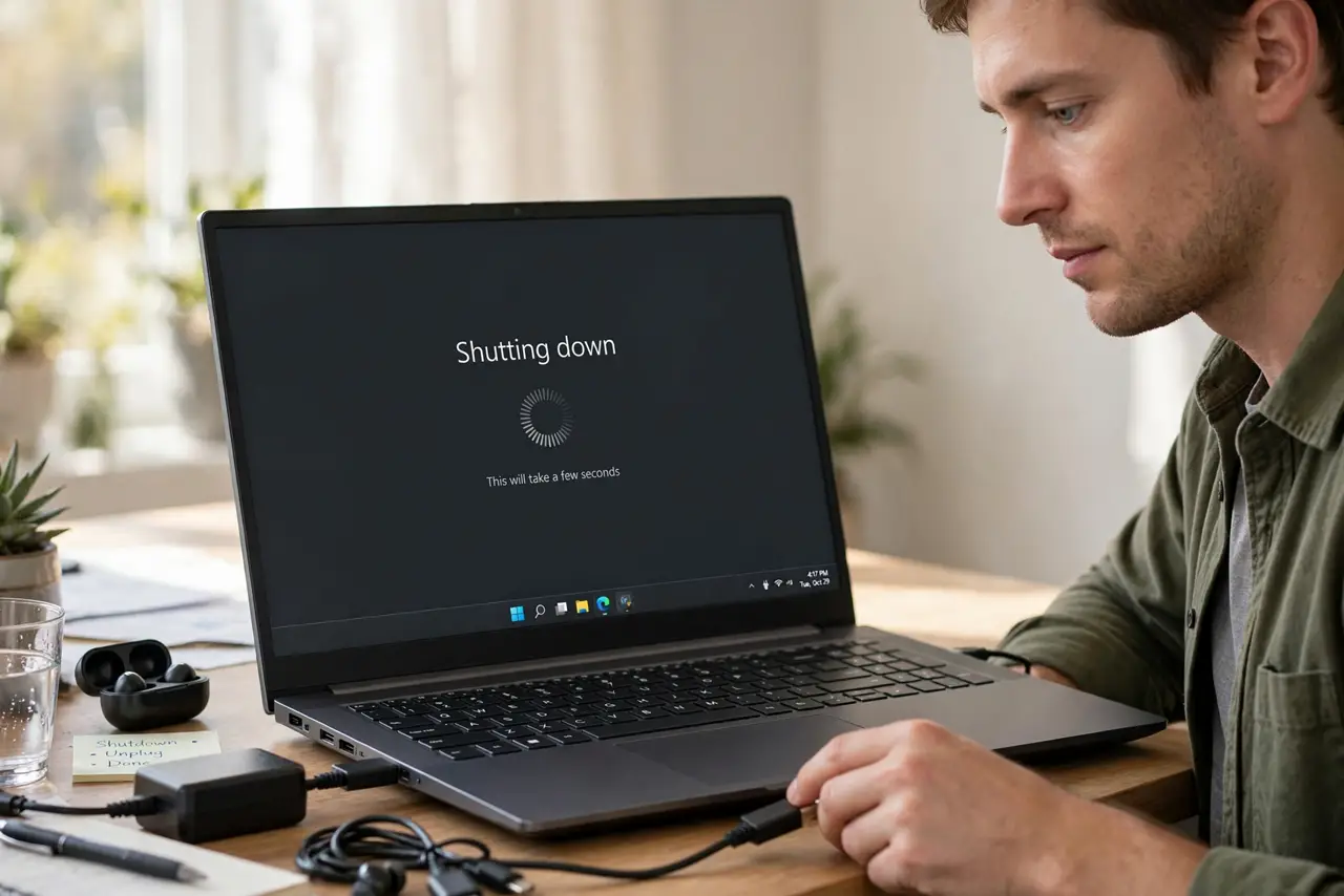 A person calmly performing the guide's first step: Shut down and unplug everything.