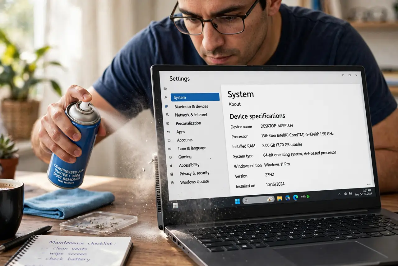 a person cleaning a real laptop's side vent with a can of compressed air, dust visible, the laptop on a desk, the person's face focused. No black screen, no blank white screen, no .