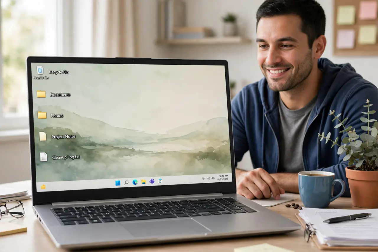A person cleaning up a real computer desktop, the monitor showing a legible desktop with just a few tidy icons and a clean wallpaper, the person's face relieved,.