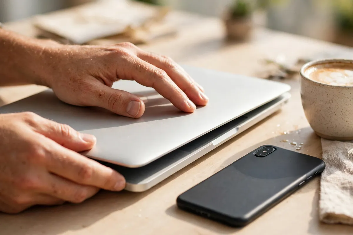 Close-up photograph of hands closing a laptop lid on a bright desk, with a smartphone lying face down beside it.