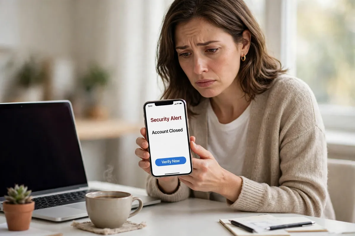 A worried woman at a bright desk holding a smartphone showing a suspicious Security Alert email with an Account Closed warning and a Verify Now button.