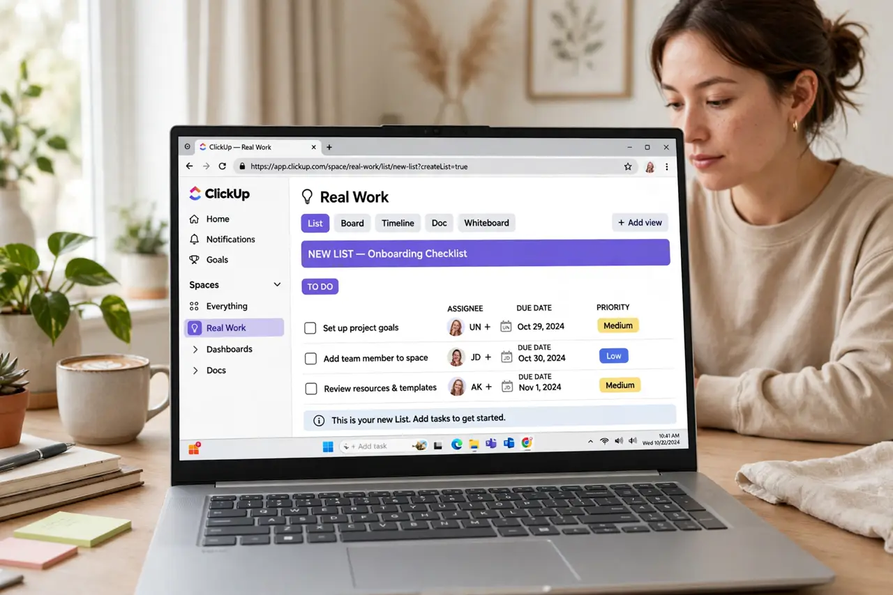 Photoreal photo of a person performing the first step: Create one Space for real work. Spaces are ClickUp's top-level containers — make one for an act