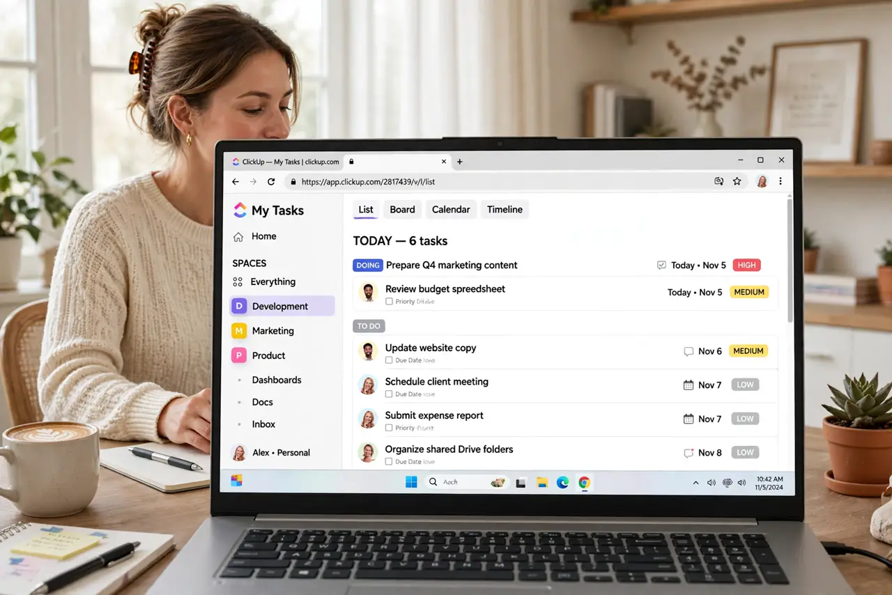 Photoreal photo: a person organizing tasks on a real laptop showing the ClickUp interface with a legible task list, the person's face focused but calm, bright home office. No black screen, no blank white screen, no fake or garbled scr