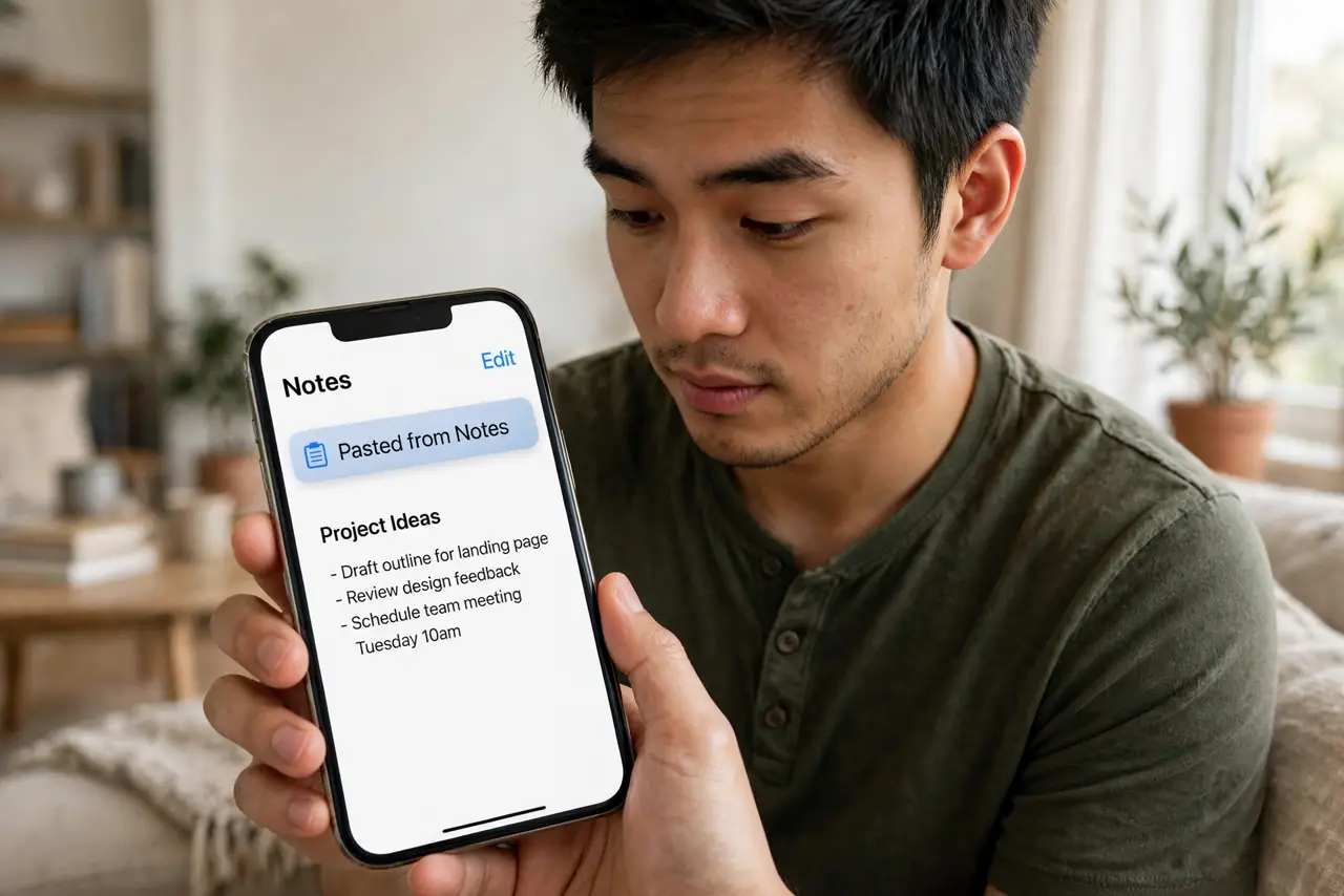 a person seeing a real paste notification banner on a phone with legible app name, the person's face alert and curious, living room.