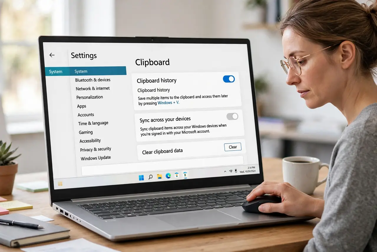 An adult turning on Clipboard history in Windows Settings.
