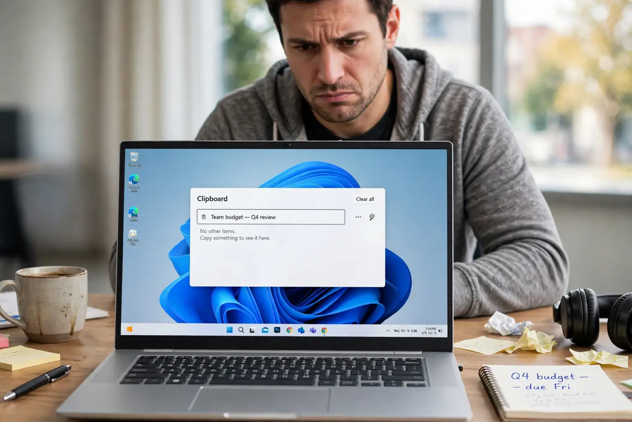 A frustrated adult staring at an empty Clipboard history panel on a Windows laptop.