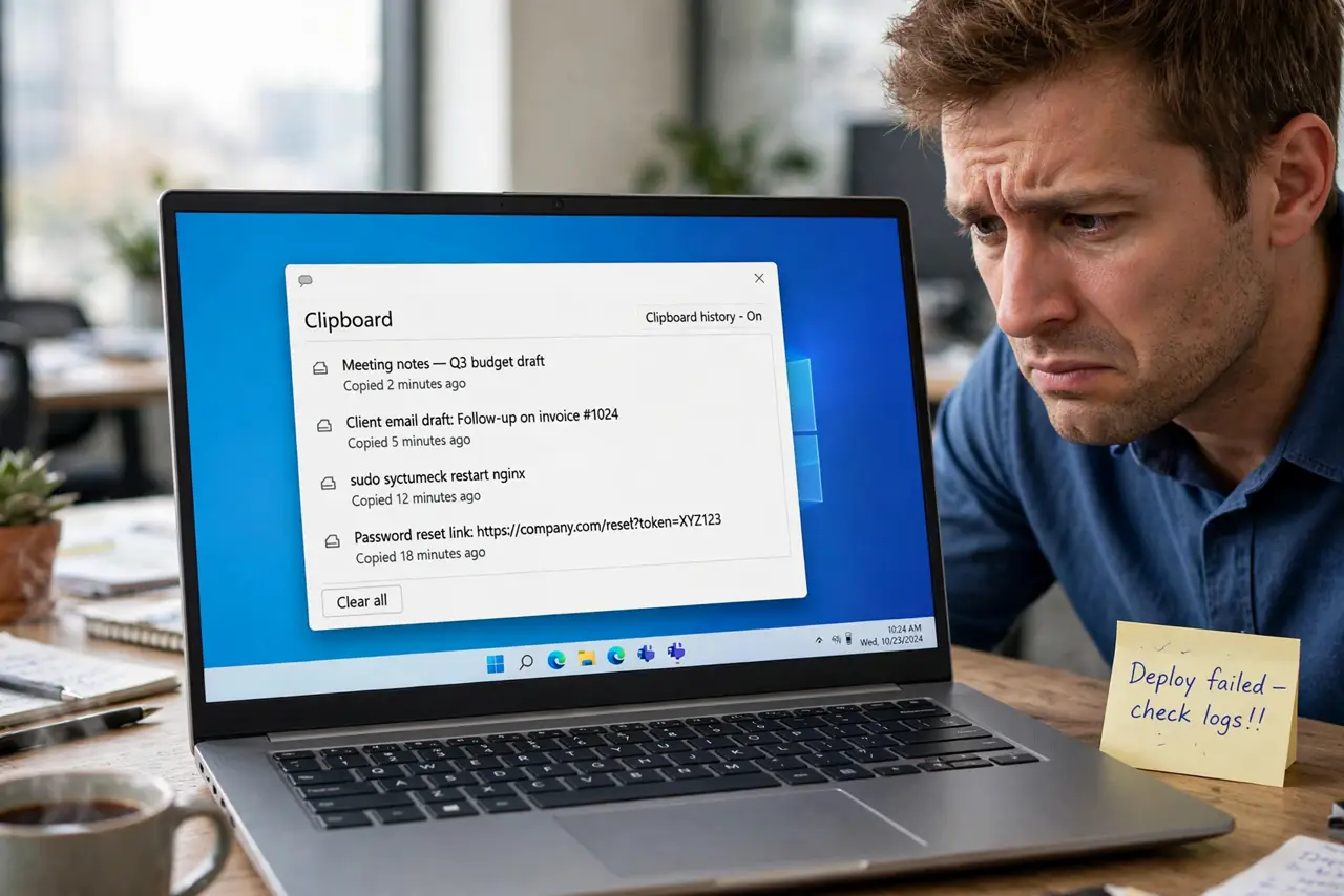 a person looking at a real laptop showing a clipboard history popup with legible copied items, the person's face pleasantly surprised, office.