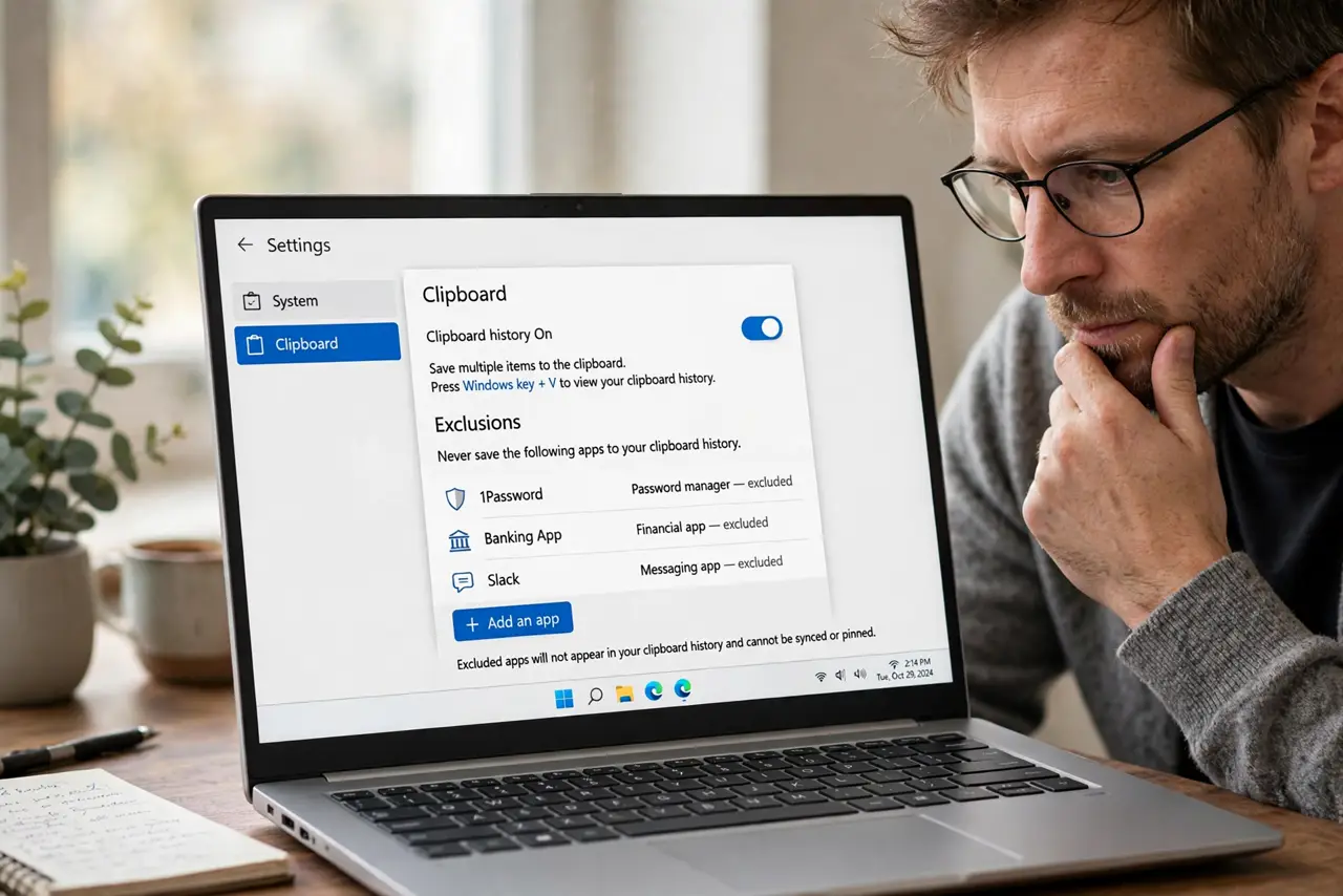 Are Clipboard Managers Safe — a cautious adult reviewing clipboard manager history settings on a real laptop, the settings showing exclusion