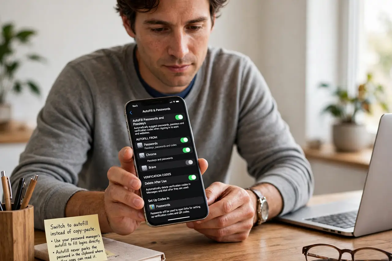 A person performing step 1 of the guide: Switch to autofill instead of copy-paste. Use your password manager's autofill to fill logins directly. Autofill never parks the...