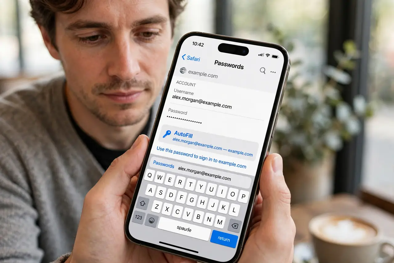 a calm adult holding a real iPhone showing a normal password manager with an autofill prompt and legible text, the person using it instead of copying
