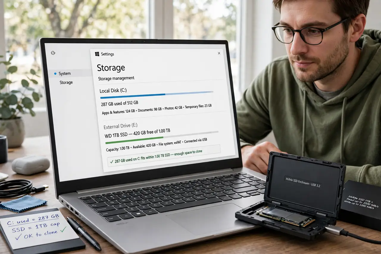A person performing the first step: Check the SSD fits the used space. Cloning needs room for everything on the source.