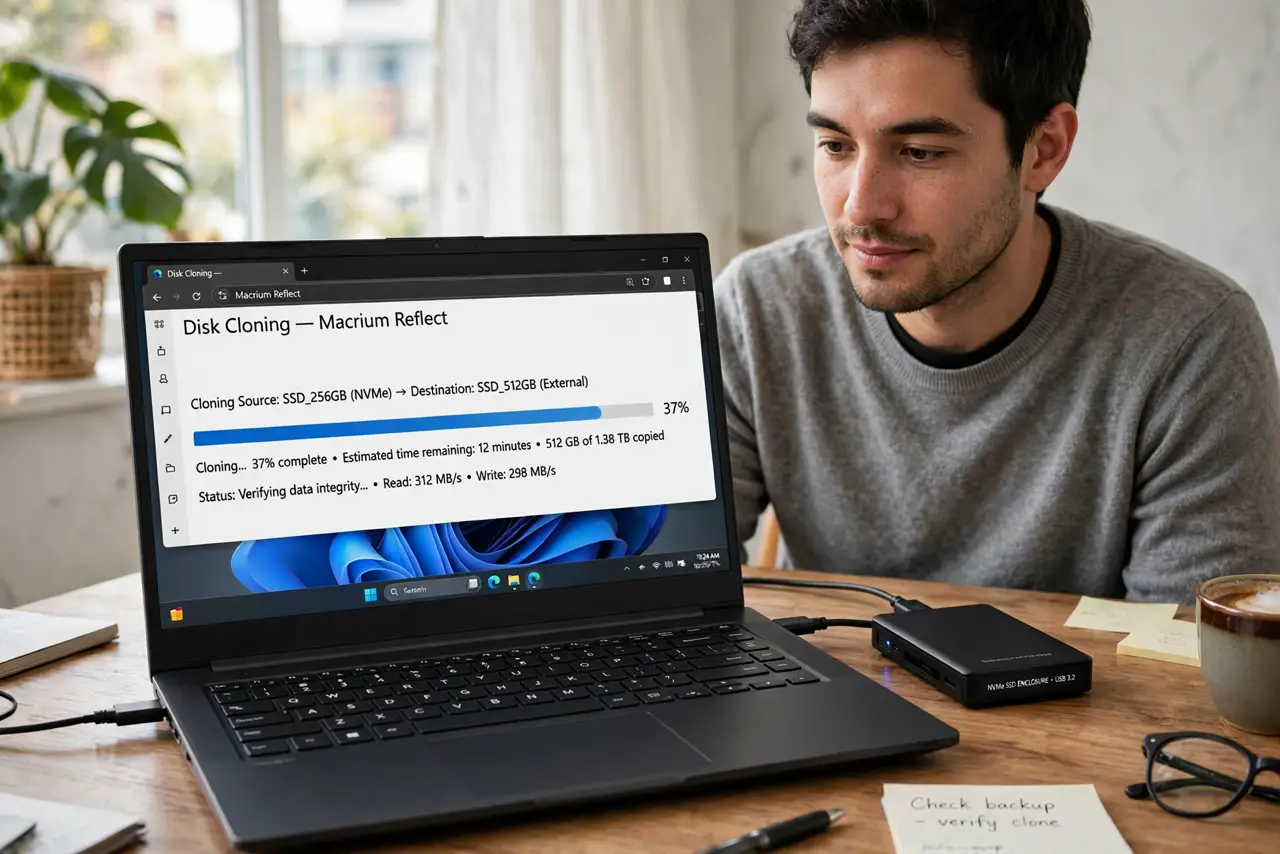 A person at a desk with a real laptop showing a disk cloning progress bar with a legible percentage on screen, an