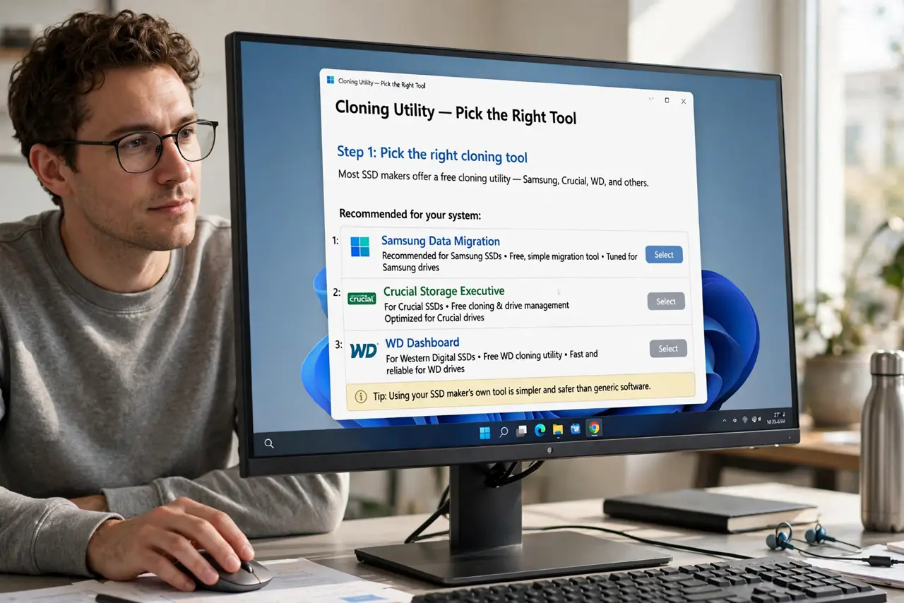 A person performing step 1: Pick the right cloning tool. Most SSD makers offer a free cloning utility — Samsung, Crucial, WD, and others. .