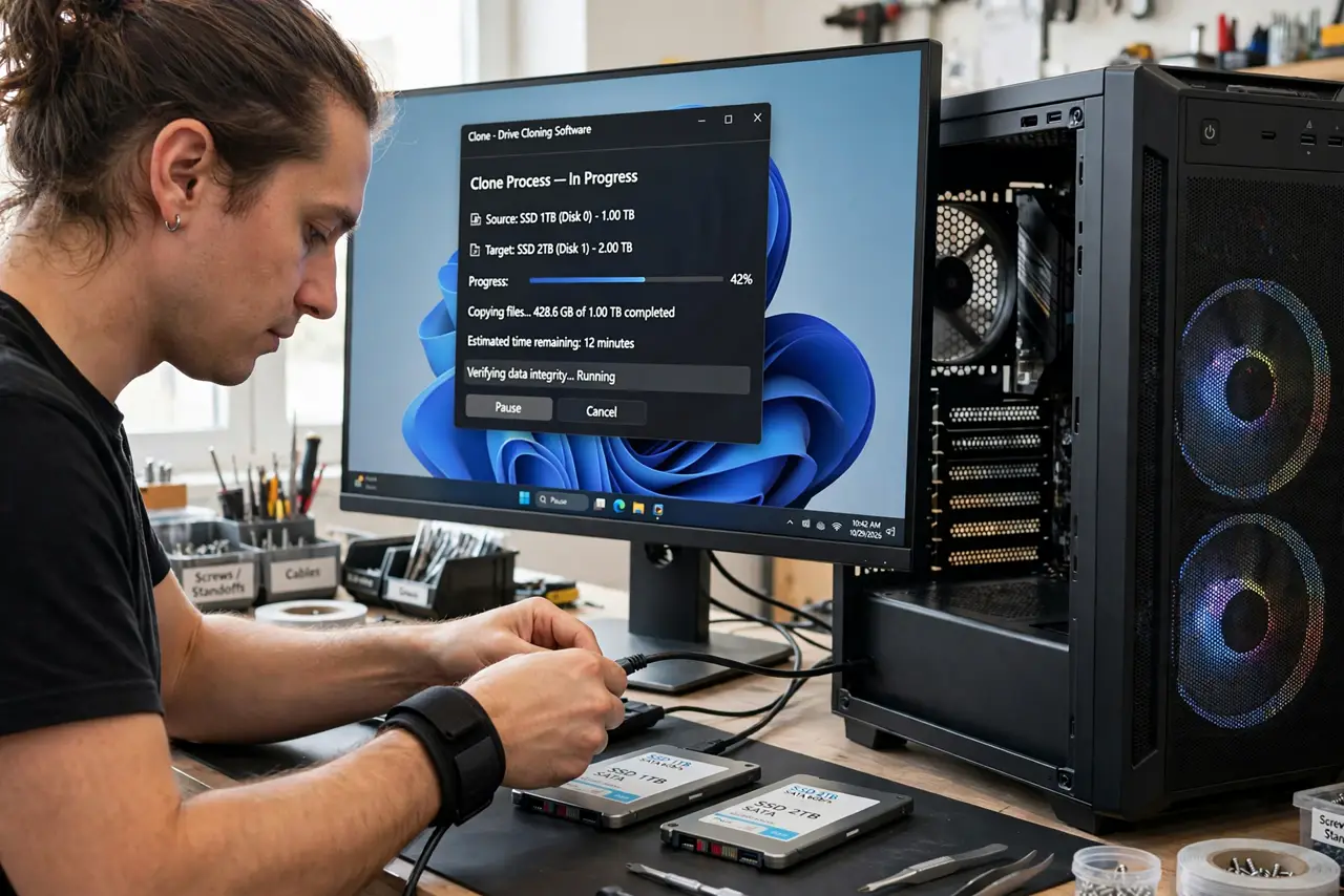 A person at a workbench connecting two real SSDs to a desktop PC with cloning software showing a progress bar with legible text on the monitor, the person's.