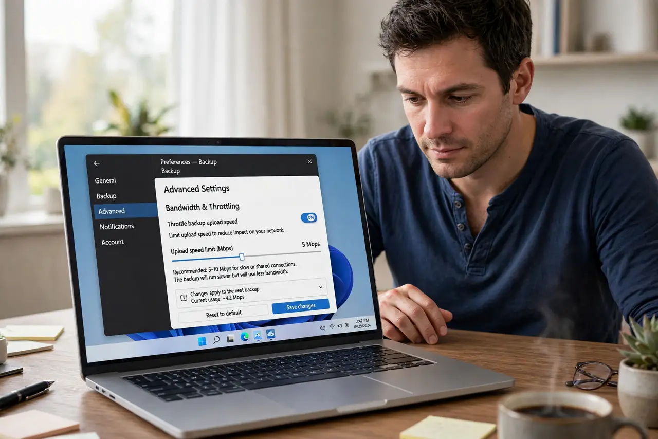A person performing step 1 of the guide: Find the backup's bandwidth setting. Open the backup app's preferences and look for bandwidth, throttle, or speed limit. Most serious backup apps include one, though it hides in ad...
