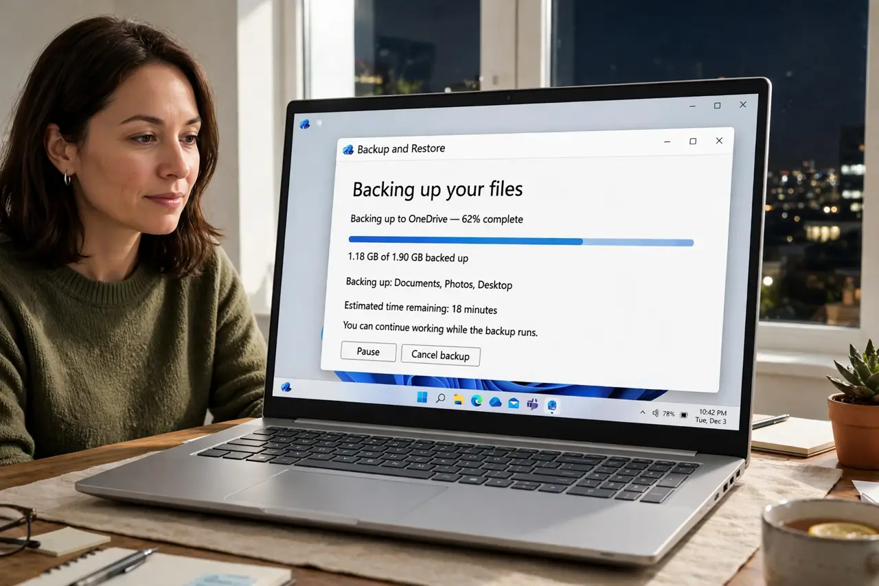 a calm adult at a desk at night with a real laptop showing a backup progress window with legible text, the room dimly lit. No black screen, no blank white screen, no fake or garbled screen text.