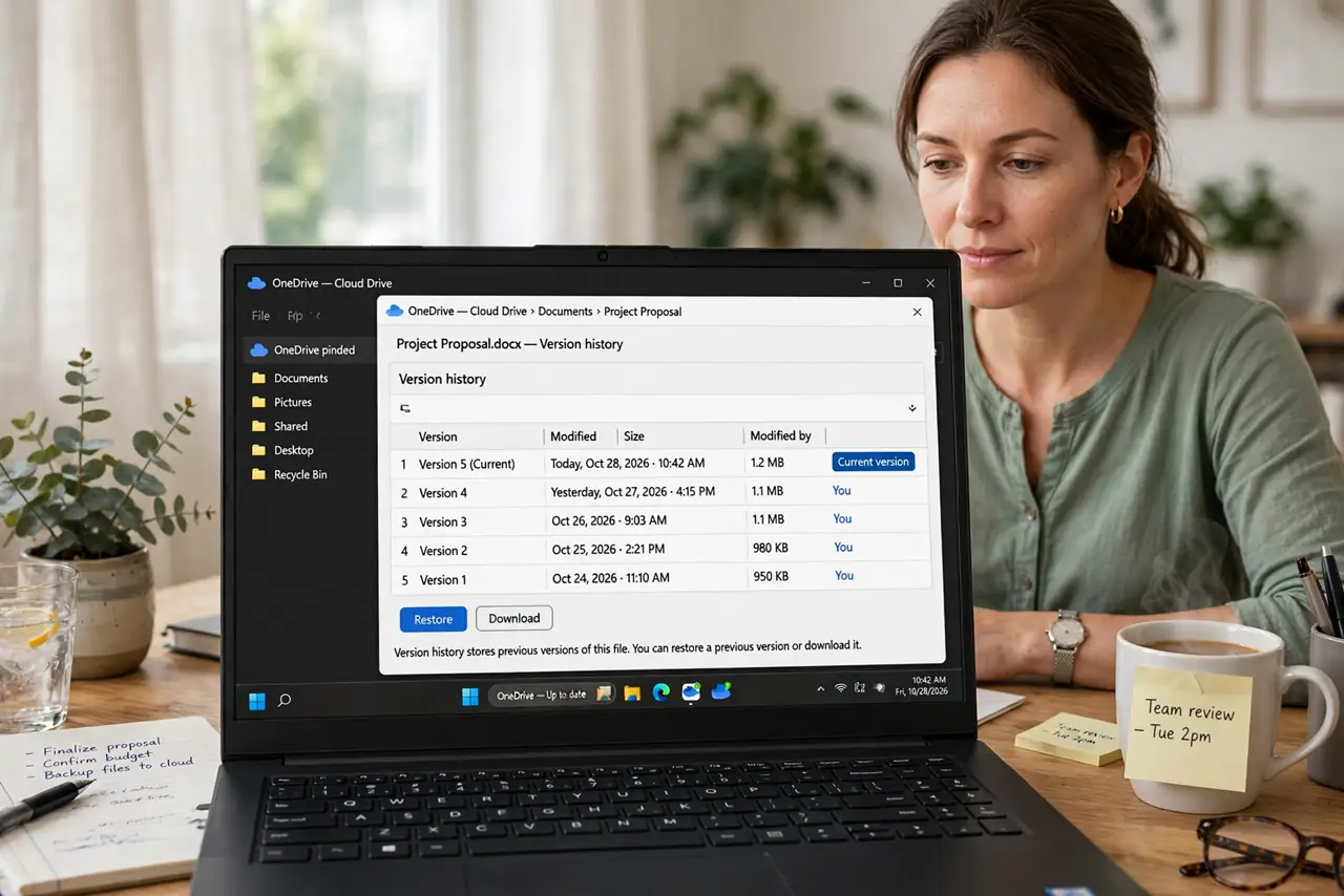 Photorealistic photo: A calm adult at a desk with a real Windows laptop, a cloud drive folder open on screen showing file versions, screen text legible.