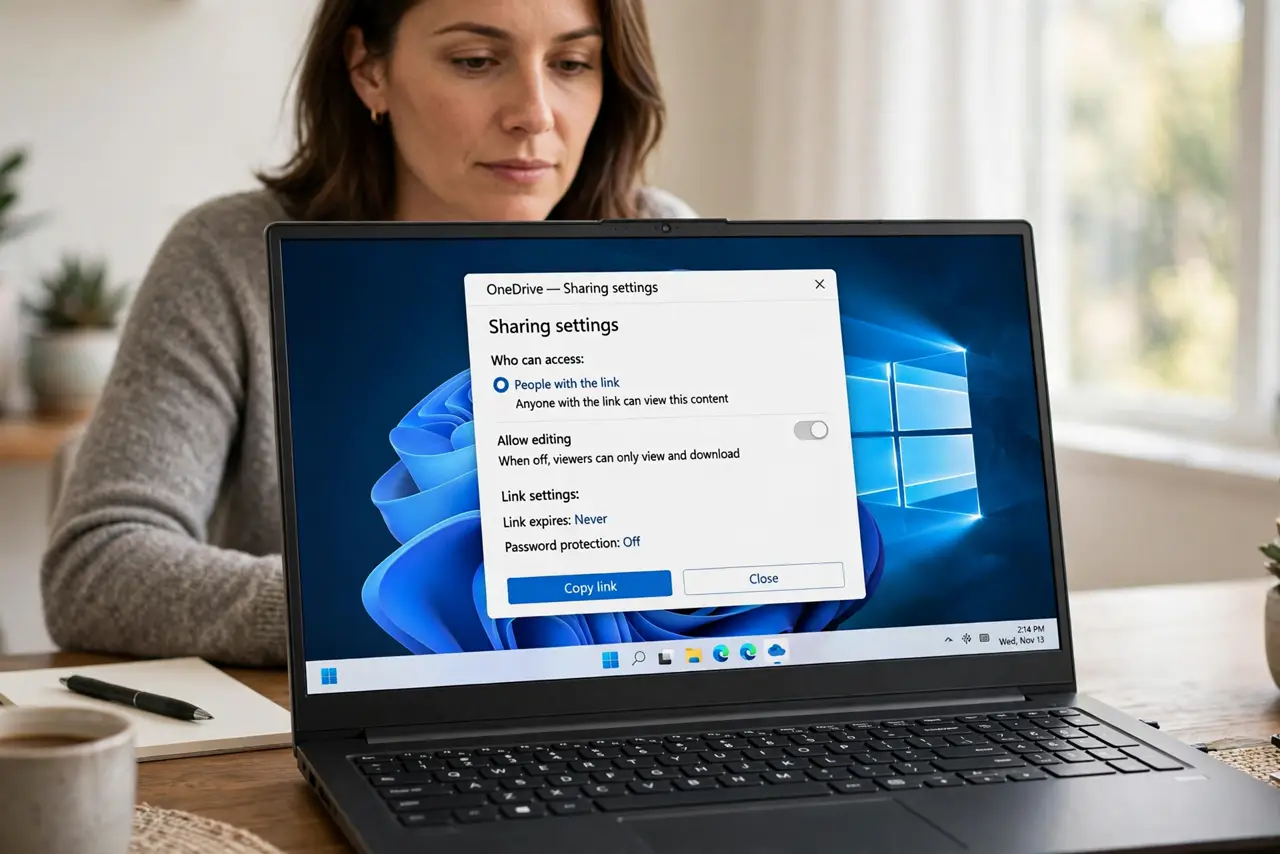 Photorealistic photo: A calm adult at a desk with a real Windows laptop, a cloud drive sharing settings window open on screen, screen text legible, no personal file names readable.