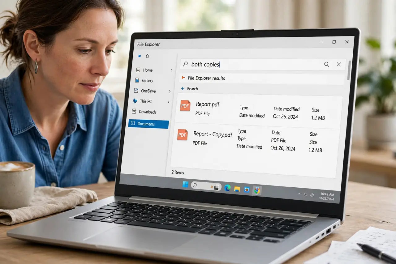 Person performing step 1: Find both copies. Look in the same folder for the original file and the conflict copy, which usually has conflict or a device name in...