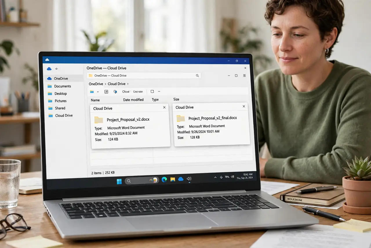 Photorealistic photo: A calm adult at a desk with a real Windows laptop, a cloud drive folder open on screen showing two similar files side by side, screen text legible.