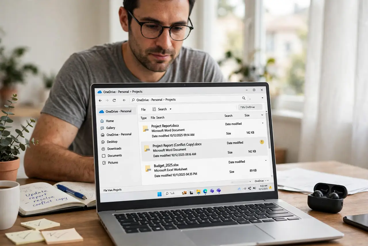a calm adult at a desk with a real Windows laptop showing a cloud folder on the real screen with a conflict copy file listed, names legible. No black screen, no