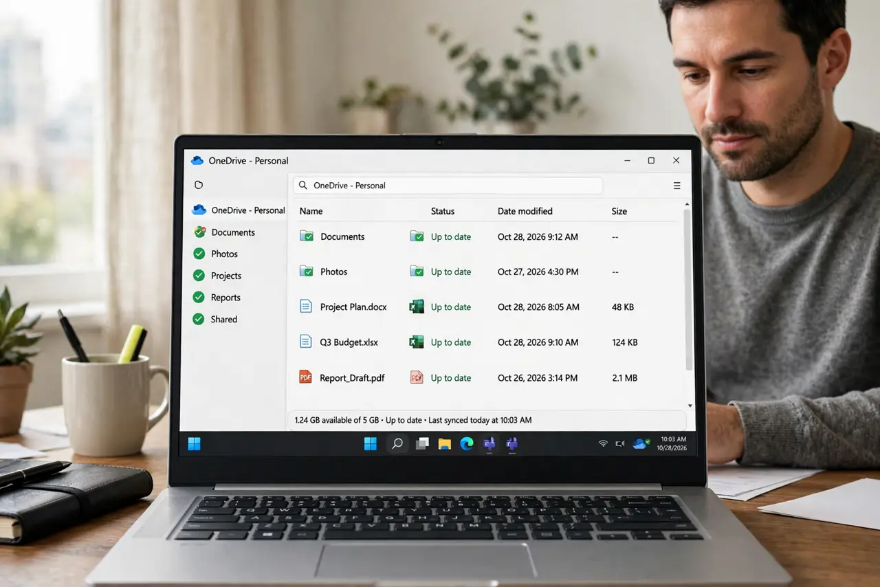 a calm adult at a desk with a real Windows laptop showing a cloud storage folder on the real screen with sync status icons visible. No black screen, no blank wh