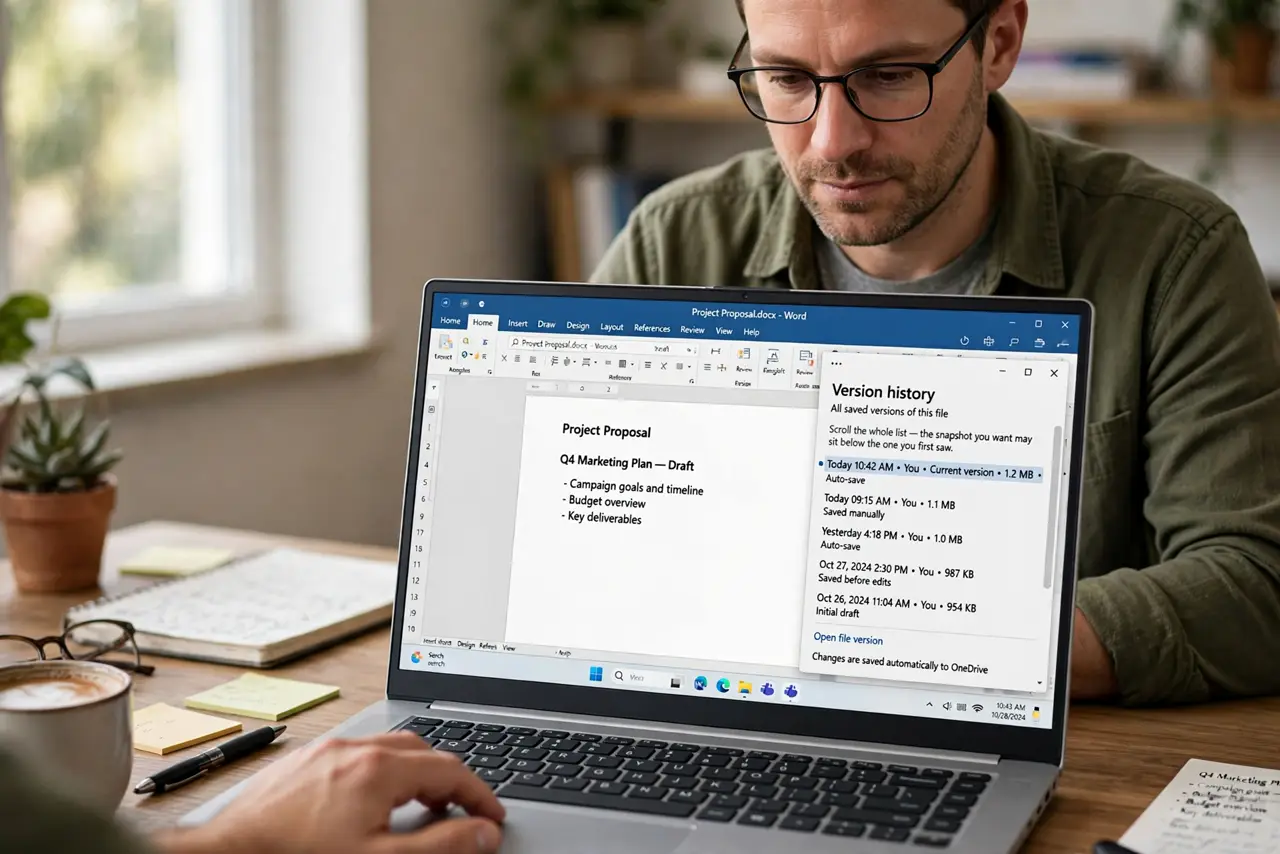 A person performing step 1 of the guide: Open the full version history. Open the file online or in the desktop app and open its version history. Scroll the whole list, because the snapshot you want may sit below the one y...