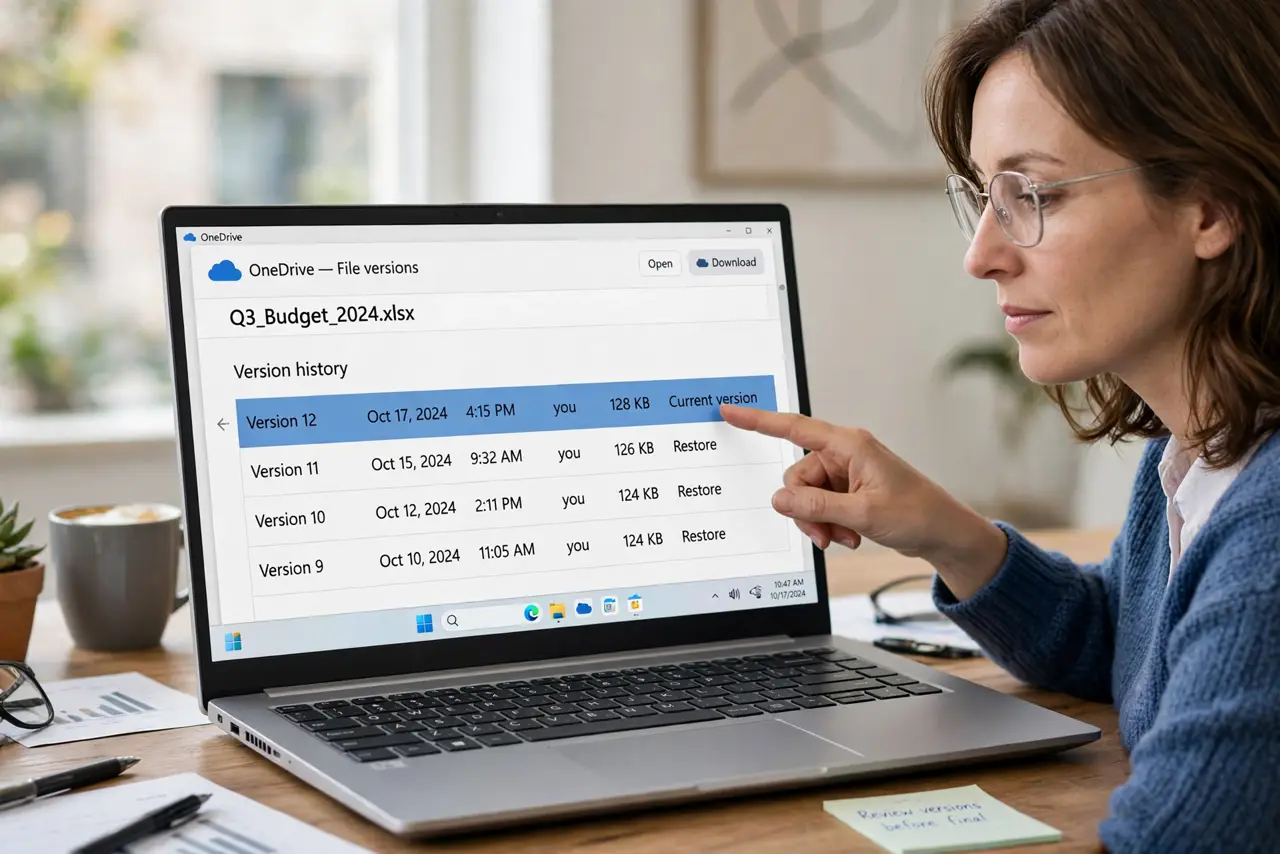 a calm adult at a desk with a real Windows laptop, the screen showing a cloud storage file list with fully legible file names and dates, the person pointing at one version entry. No black screen, no blank white screen...