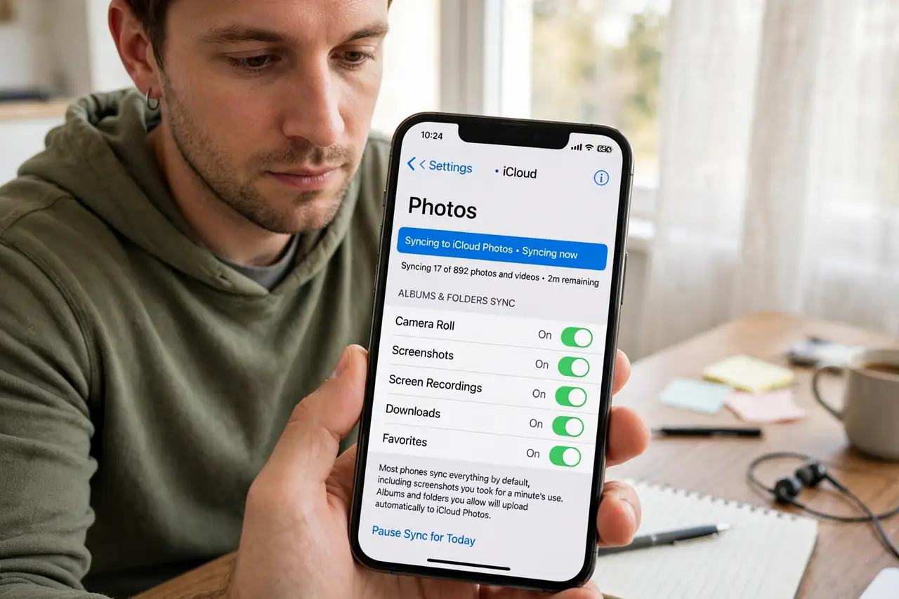 A person performing step 1 of the guide: See what is syncing right now. Open the backup settings and check which albums and folders upload automatically. Most phones sync...