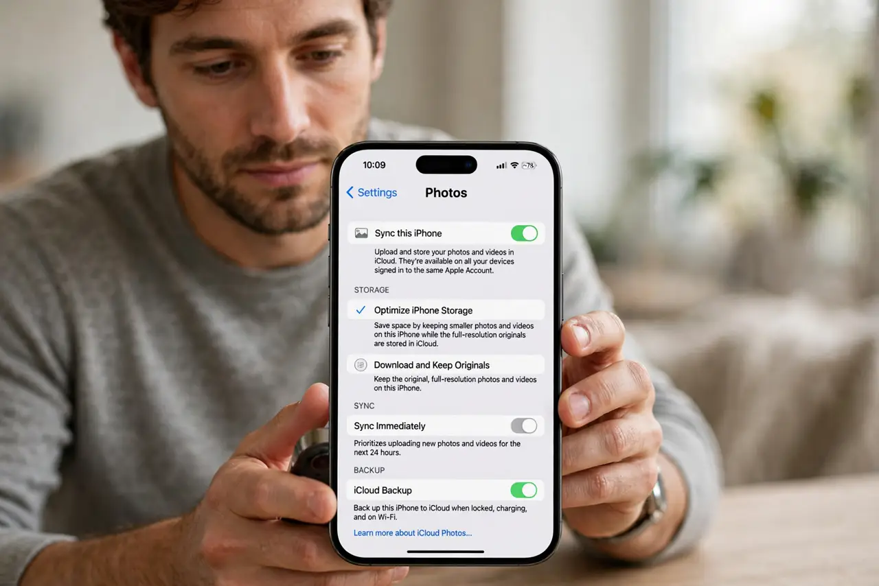 a calm adult holding a real iPhone showing the normal photo backup settings screen with sync toggles and legible text, the person reviewing them