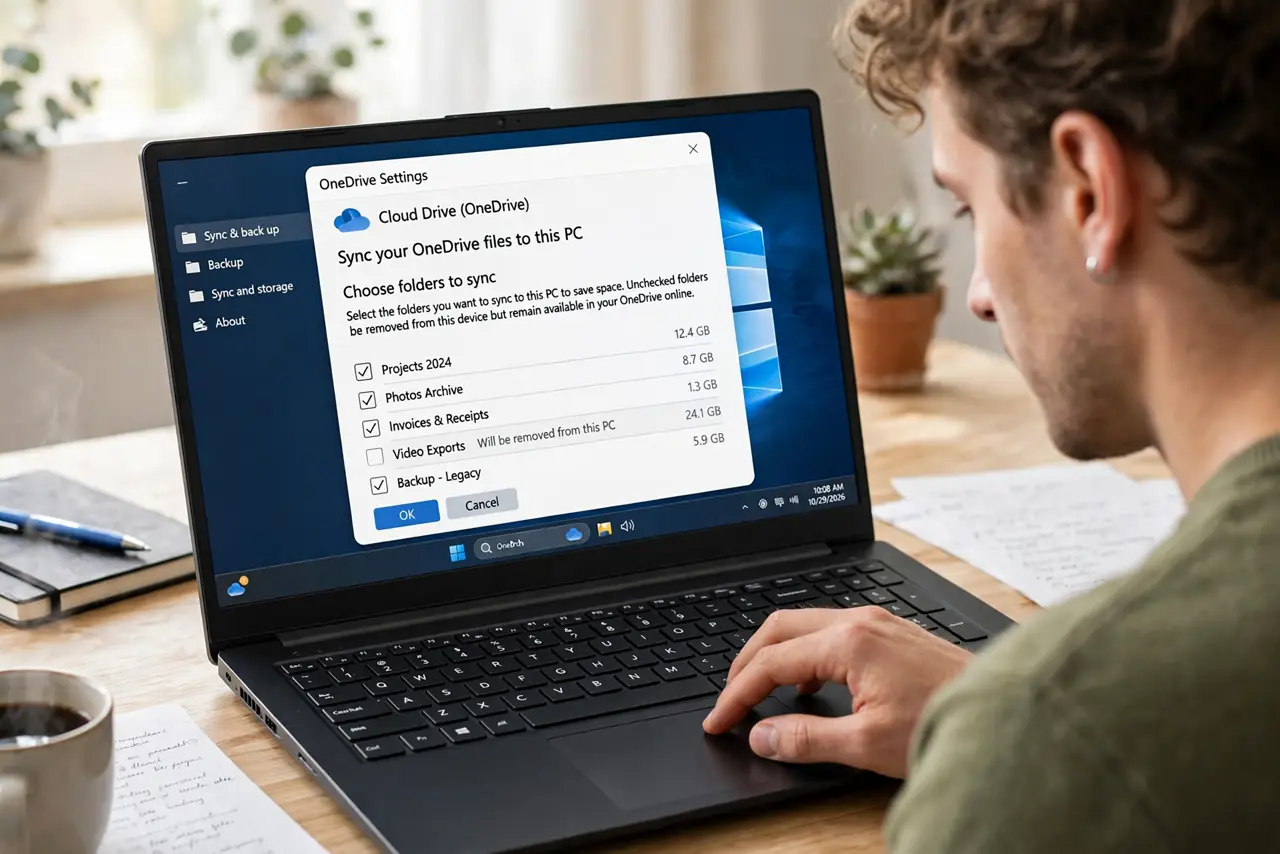 Selective Sync to Save Disk Space — a calm adult unchecking large folders in cloud drive selective sync settings on a real laptop, the settings wi