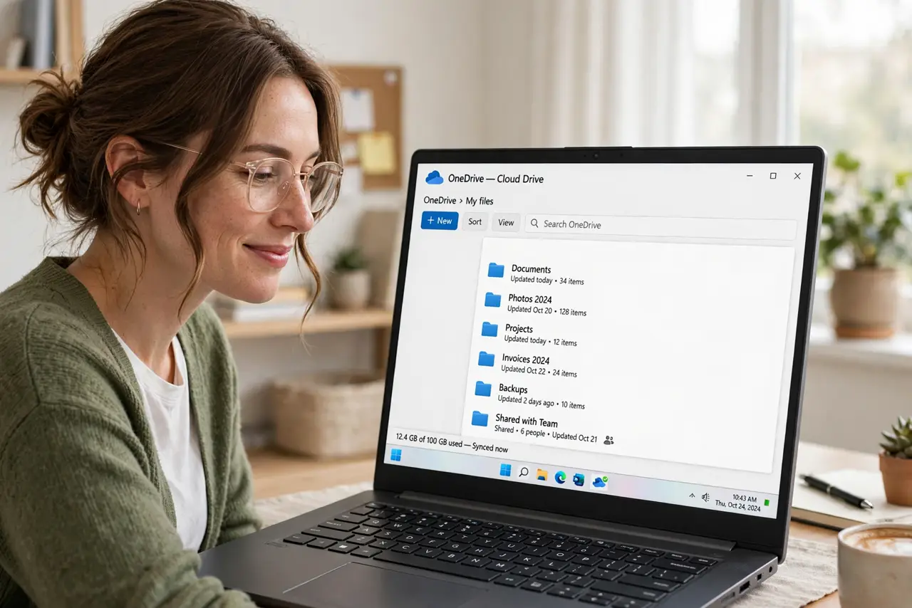 a person at a real laptop with a cloud drive window open showing tidy named folders with legible labels, the person's face satisfied, bright home office.