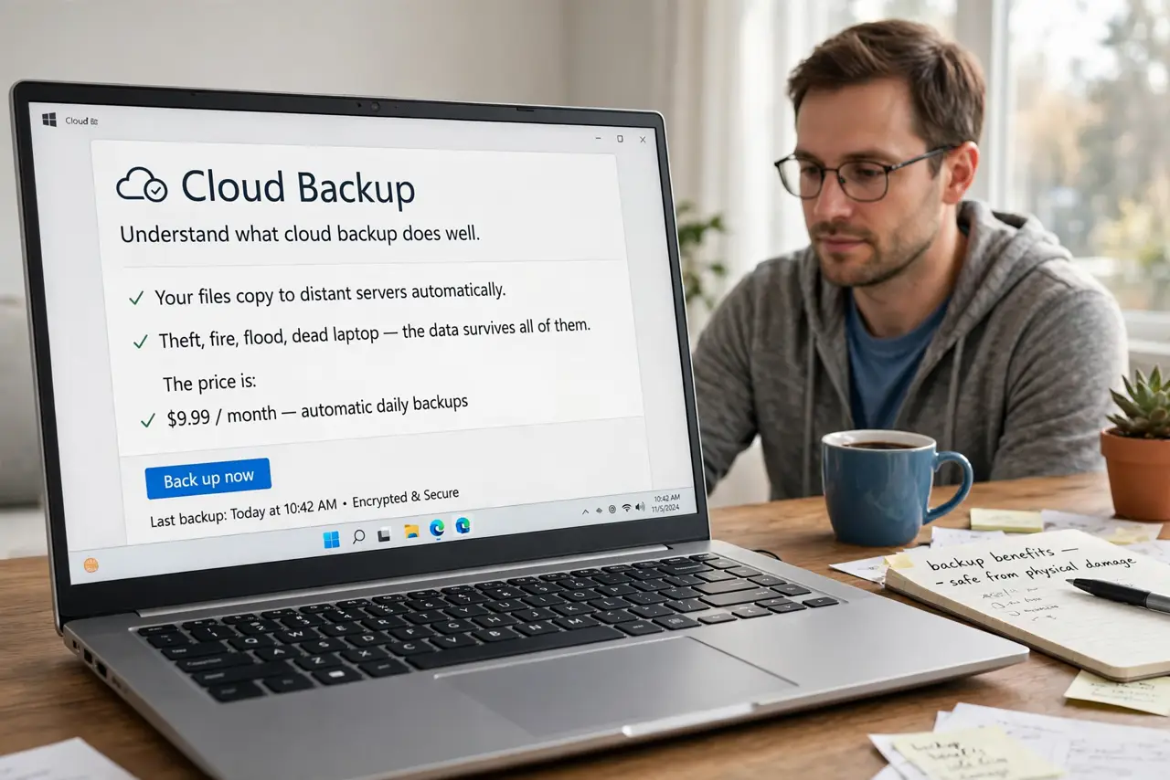 A person performing step 1: Understand what cloud backup does well. Your files copy to distant servers automatically. Theft, fire, flood, .