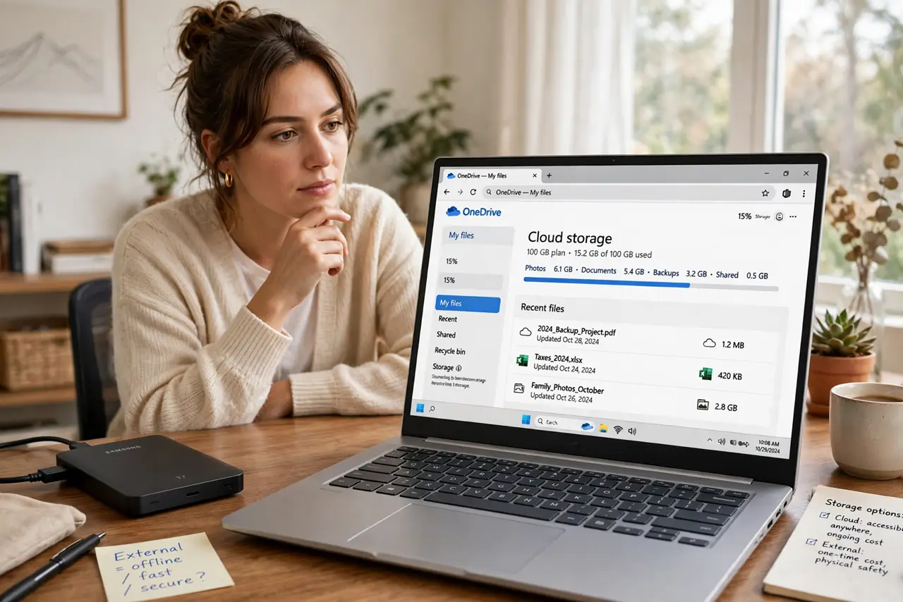 A person weighing options at a desk with a real external drive on one side and a real laptop showing a legible cloud storage page on the other,.