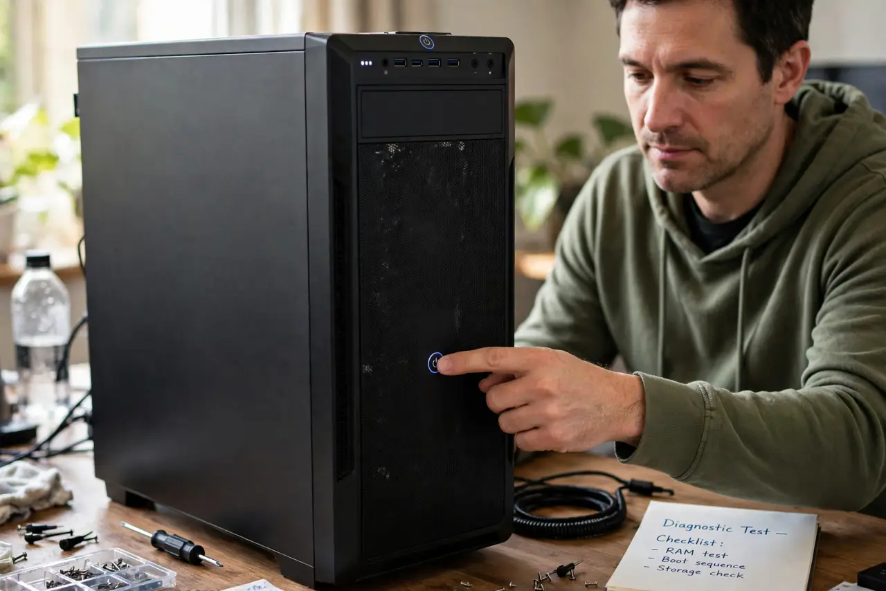 Calm adult pressing the power button on a desktop computer tower to test the CMOS battery pattern