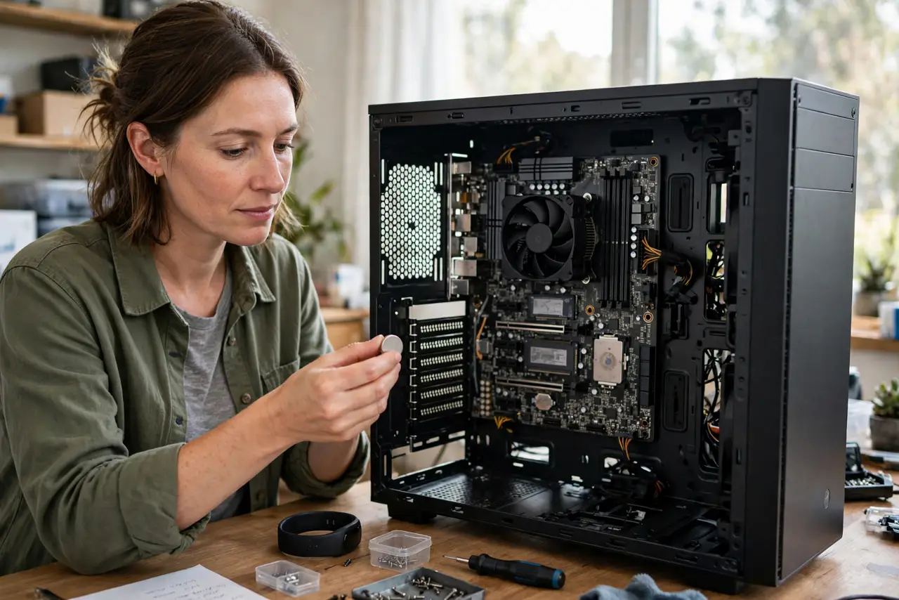 Calm adult holding a silver CMOS coin cell battery next to an open desktop computer with the motherboard visible