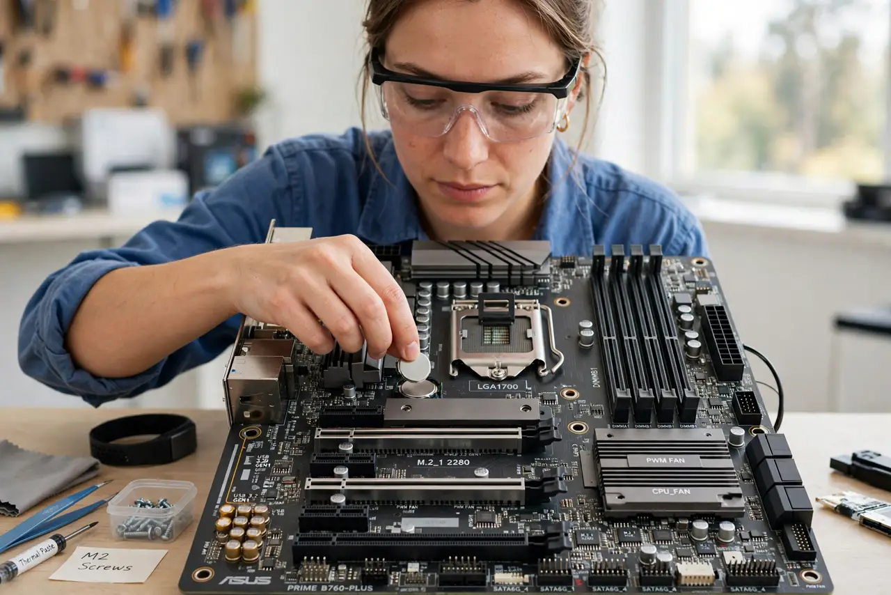 a person removing the small silver CMOS battery from a real motherboard with fingertips, the person's face calm and methodical, bright workspace. No black screen, no blank white sc.