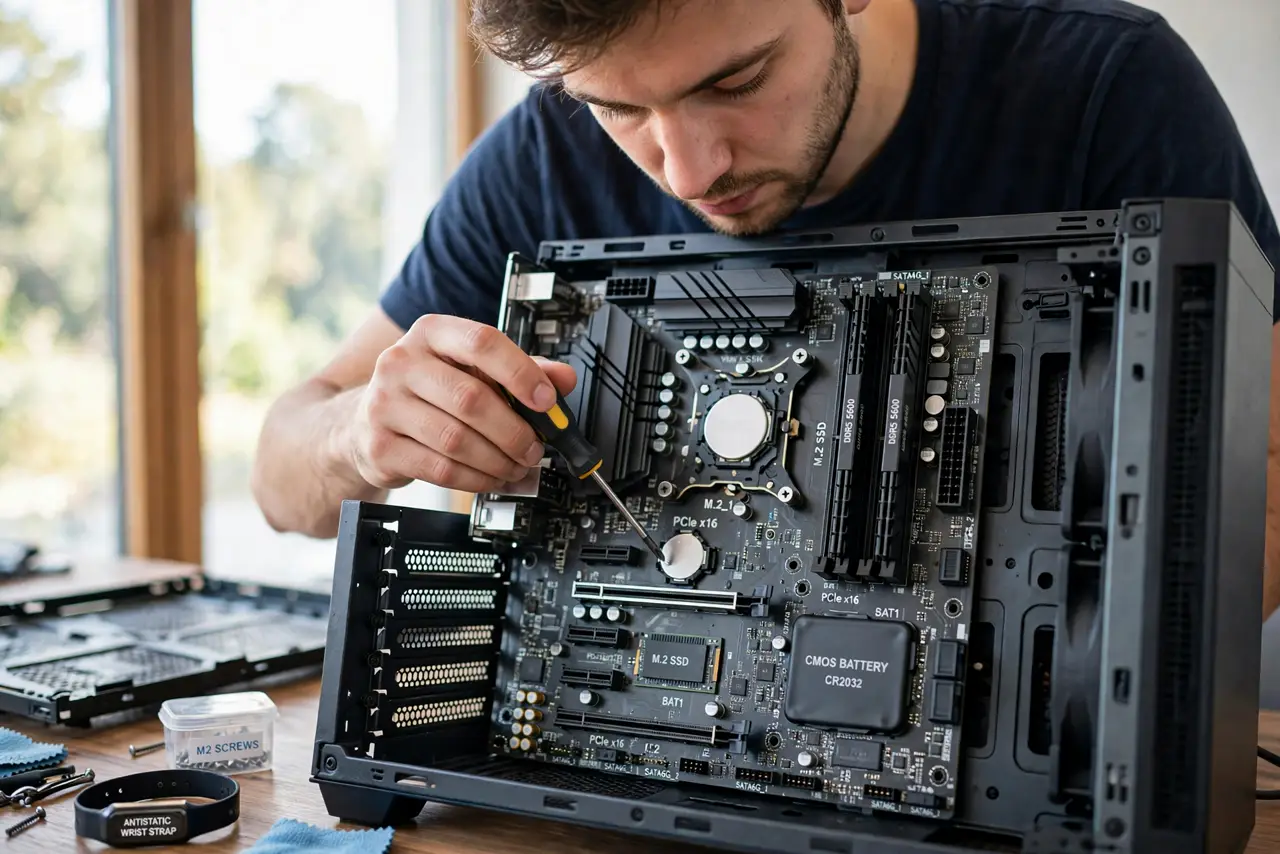 A person using a real screwdriver near a motherboard's CMOS battery inside an open PC case, the person's face careful,