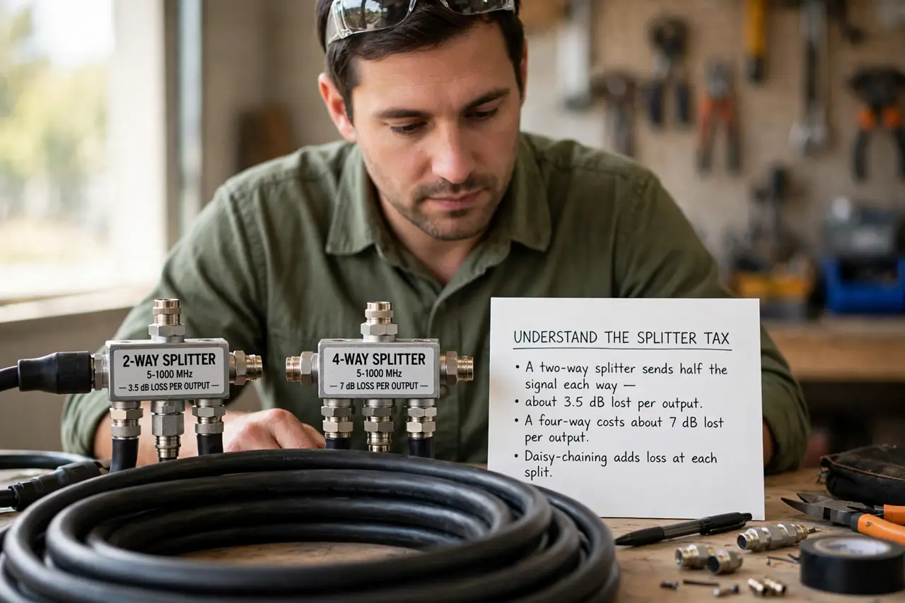 A person performing step 1: Understand the splitter tax. A two-way splitter sends half the signal each way — about 3.5 dB lost per output.