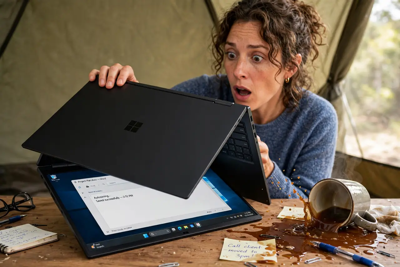 A startled adult quickly flipping a real laptop upside down in a tent position over a desk, coffee cup knocked beside it, urgent but controlled expression.