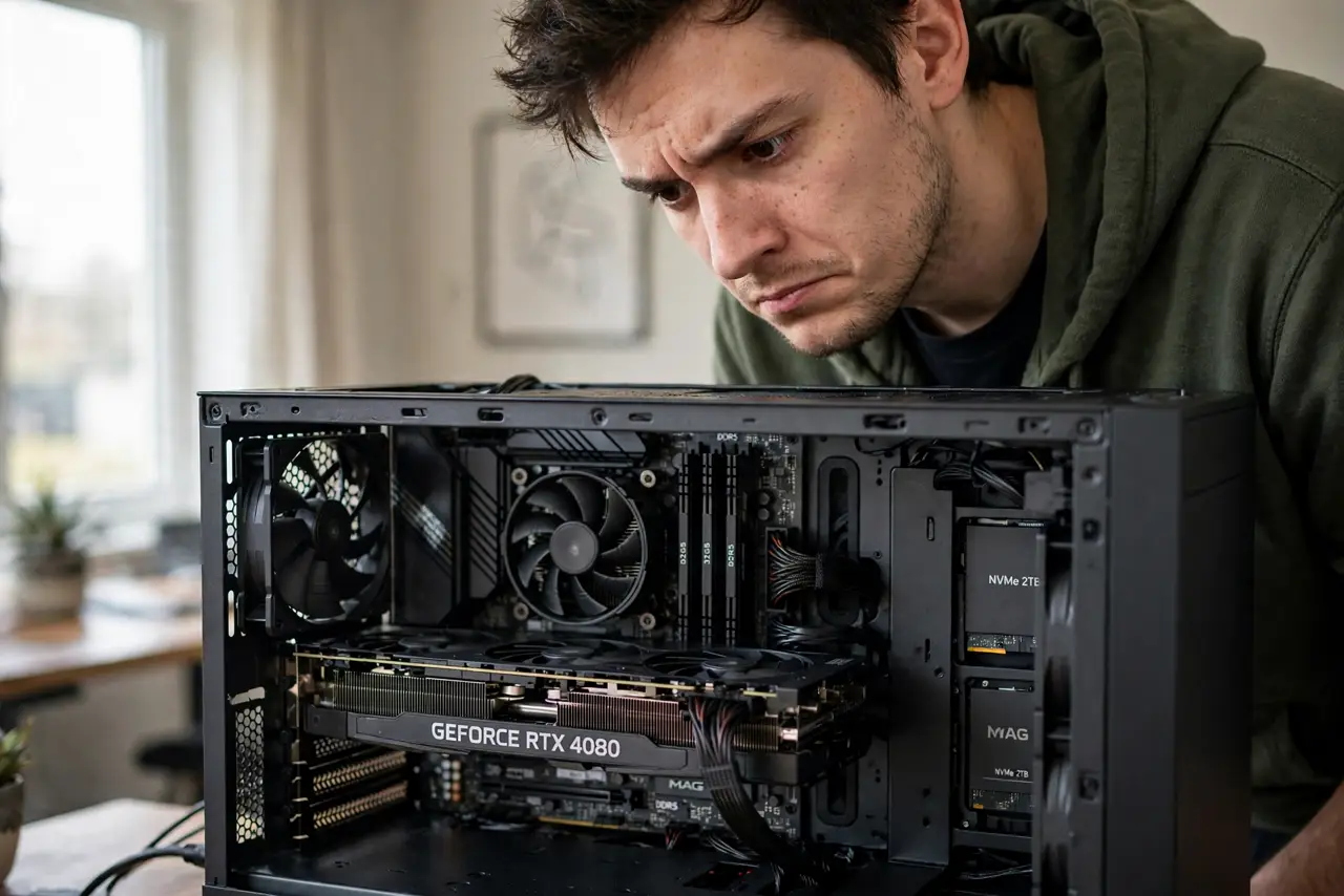 A person leaning close to an open desktop PC case listening carefully, a large graphics card visible inside, the