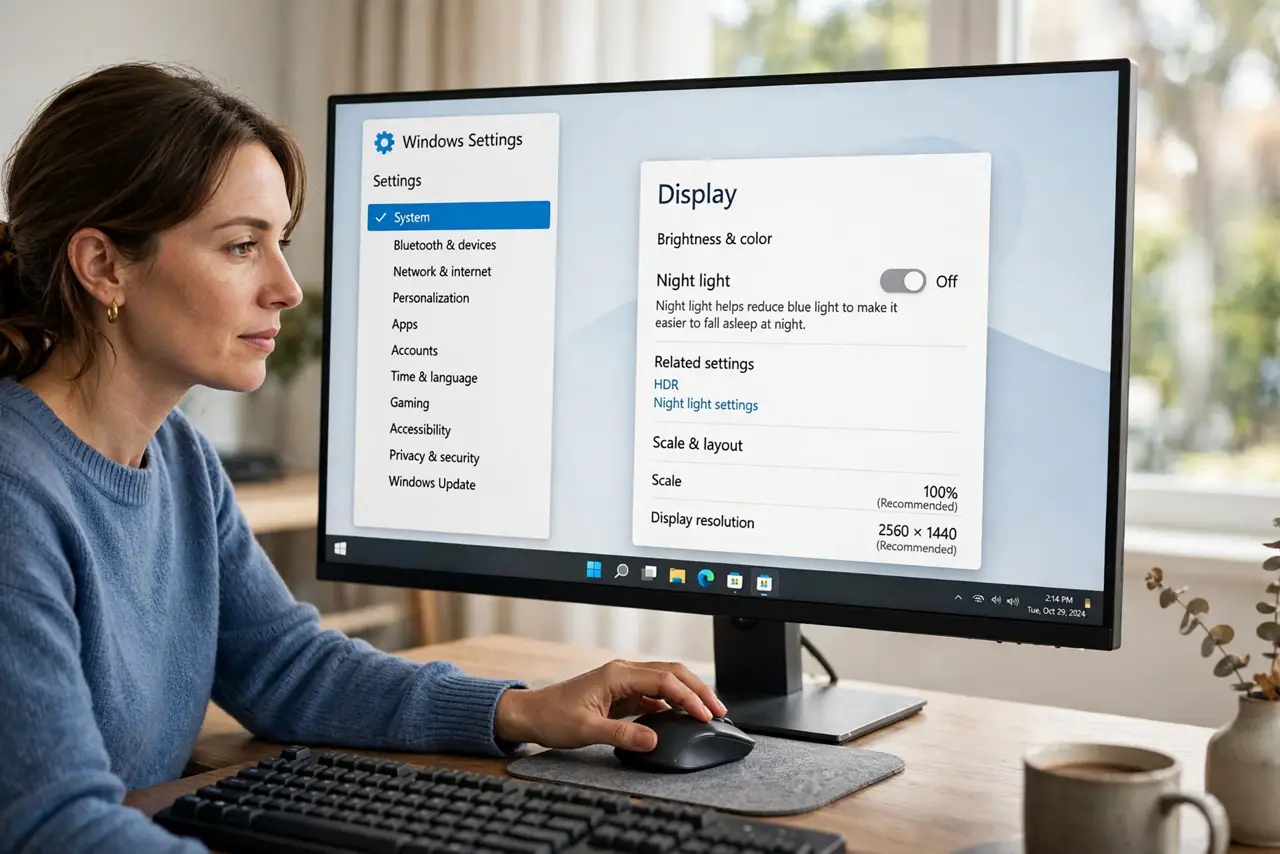 A focused woman turns off the Night light toggle in Windows Display settings.