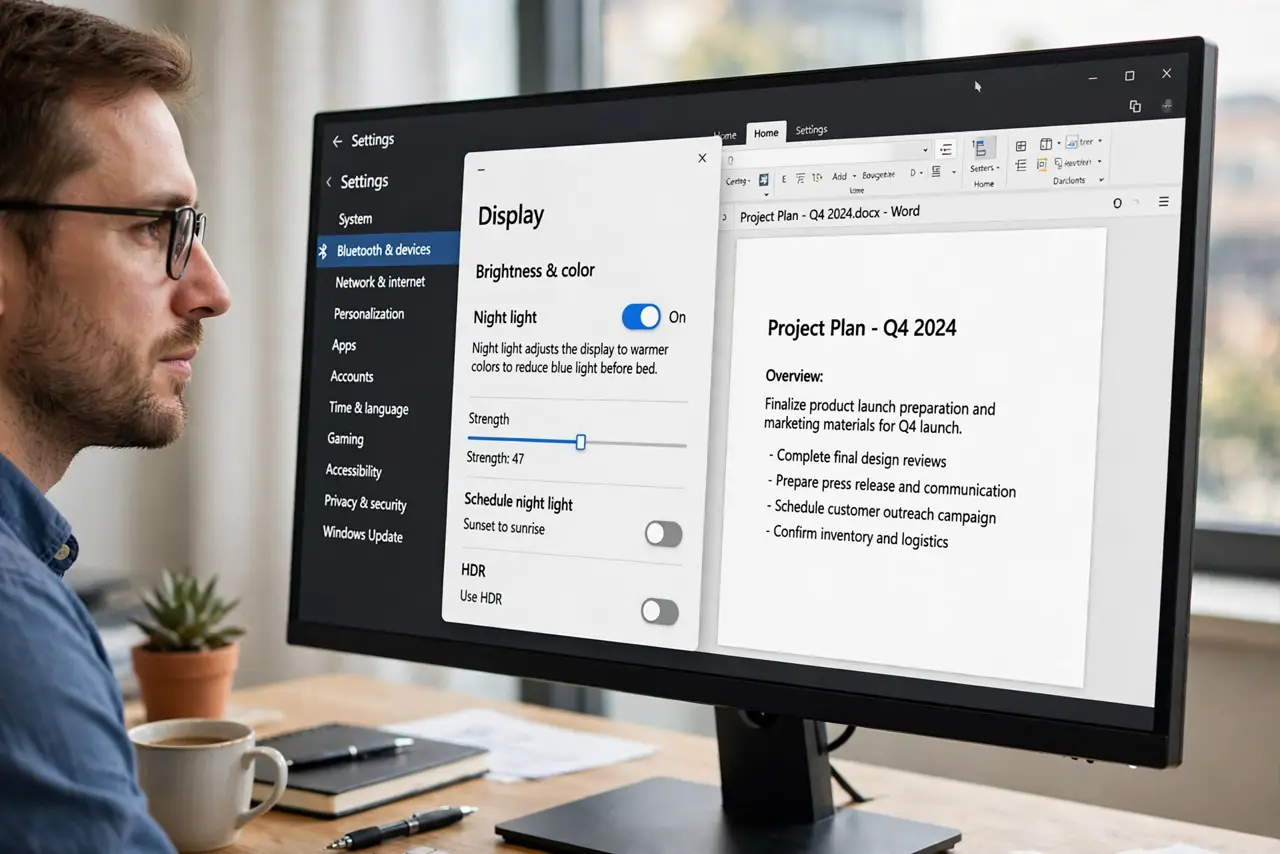 A calm man views a white document on a Windows monitor with Night light settings open.
