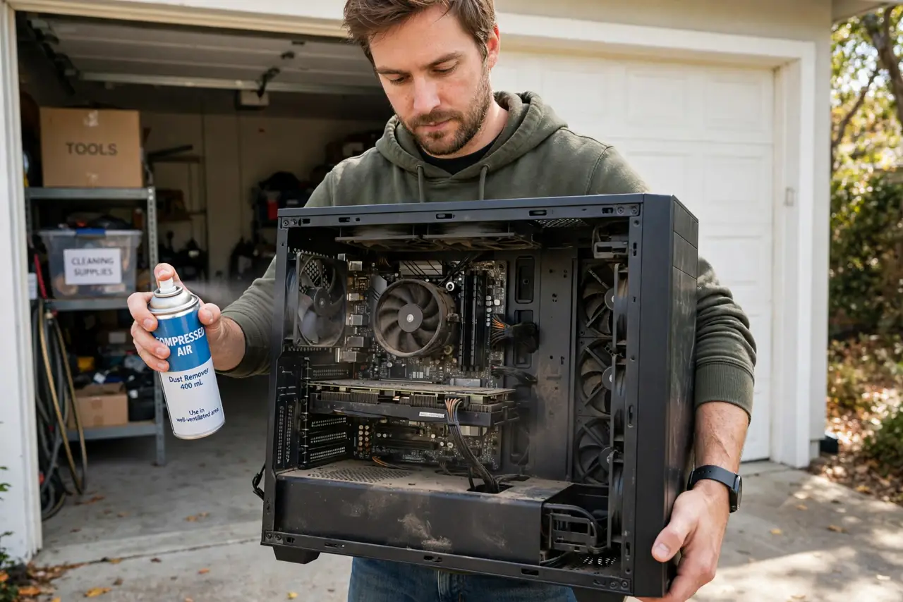A person performing the first step: Move the PC somewhere ventilated. Outside or a garage. The dust cloud you are about.