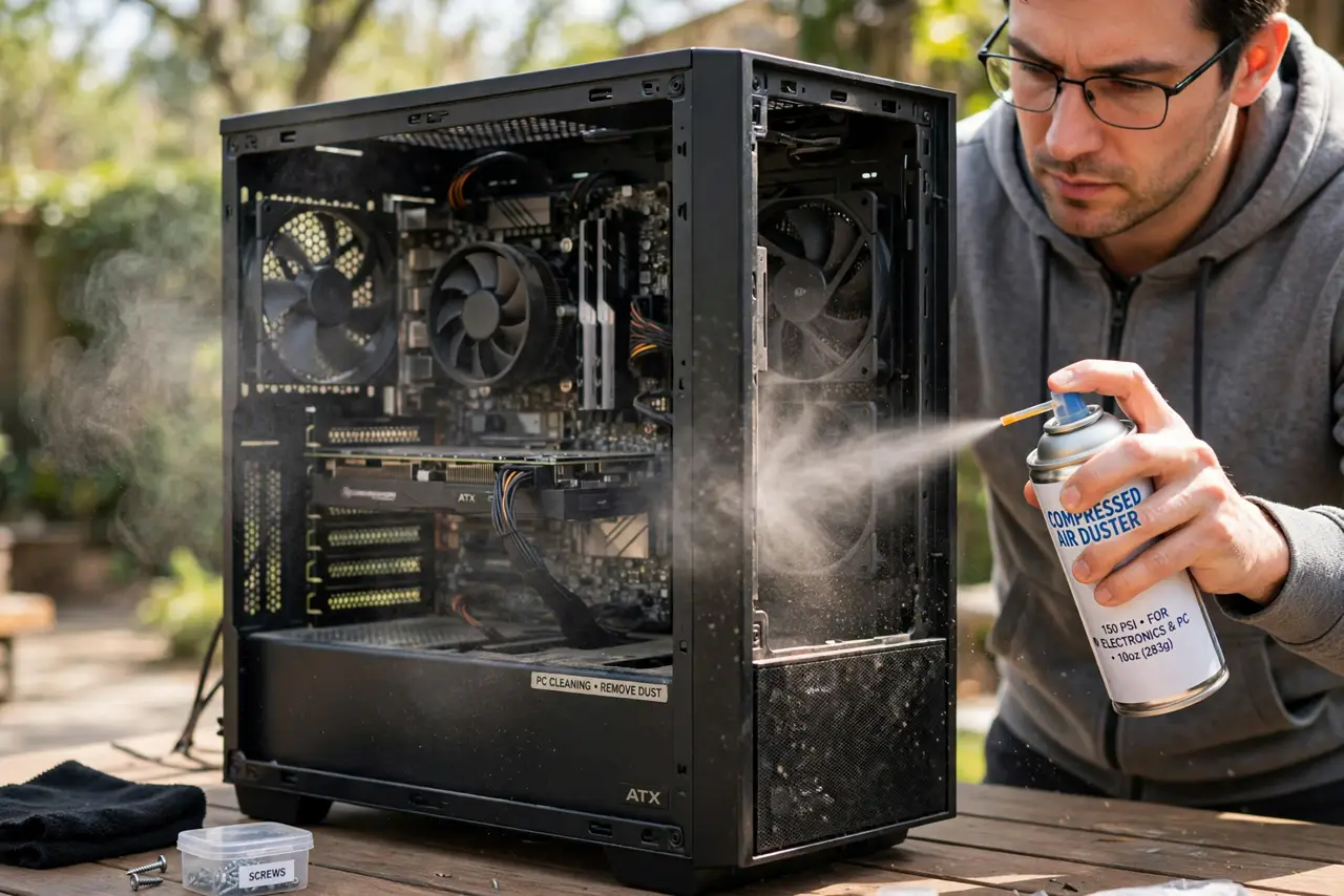 A person holding a compressed air can with a straw nozzle aimed inside an open desktop PC case outdoors, dust puffing