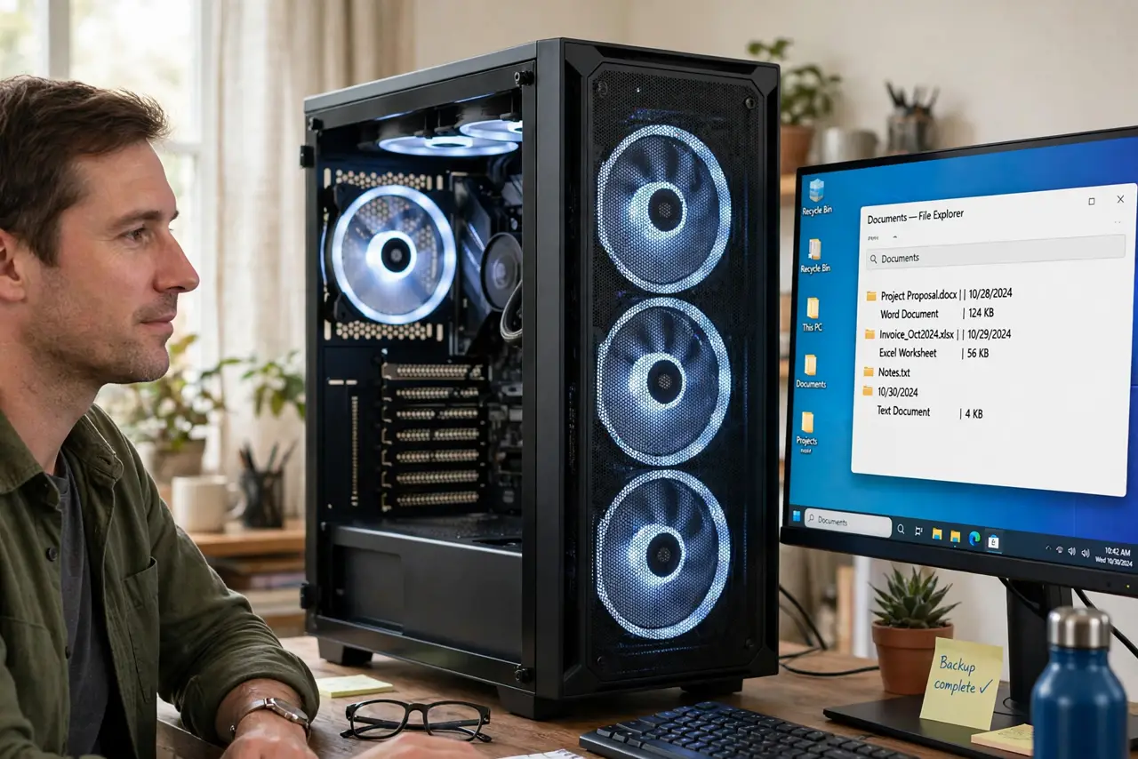 a calm adult looking at a real desktop computer case with front and top fans visible through a mesh panel, the monitor nearby showing a normal desktop with legible text