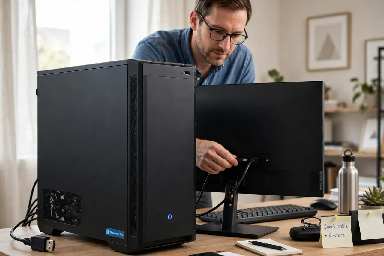 Computer Powers On but Shows No Display? Fix It — photo showing the situation described in the guide.