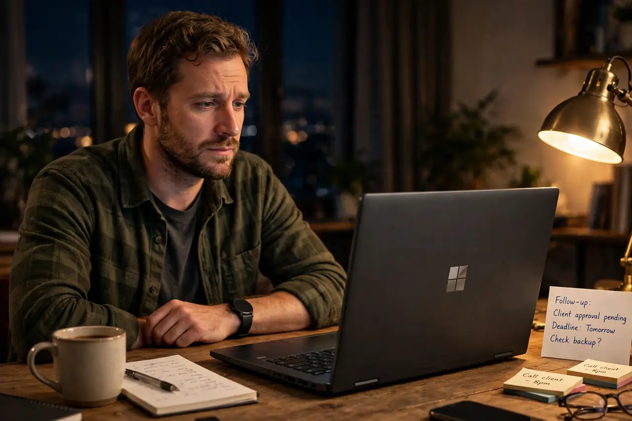 A calm adult in the evening next to a Windows laptop with its lid closed on a desk, room lamp glowing.