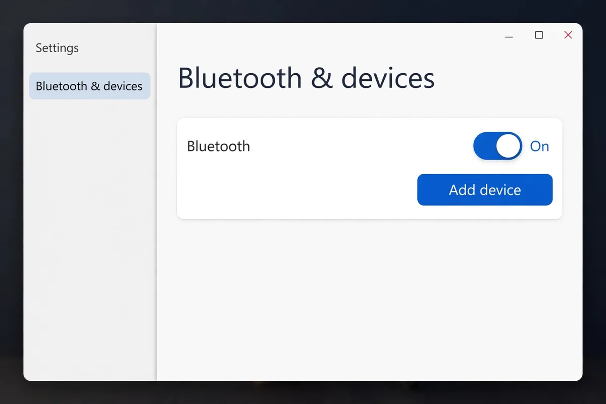 Example recreation of Windows Settings showing Bluetooth switched on with an Add device button.