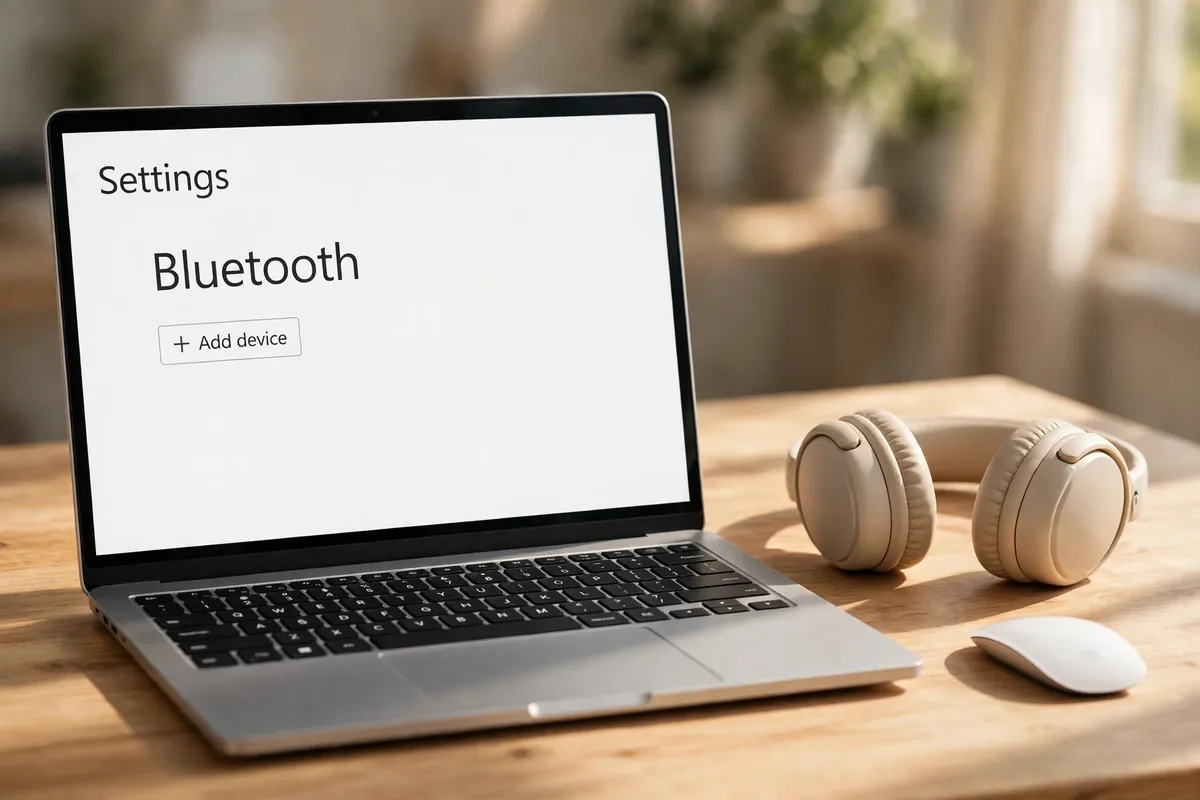 A laptop on a sunlit wooden desk showing Windows Bluetooth settings with an Add device button, beside beige wireless headphones and a white wireless mouse.